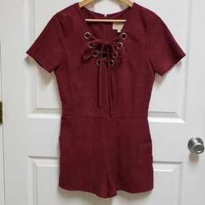 Moon River Romper Shorts Womens L Faux Suede Grommet Burgandy Wine Boho Cowgirl